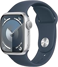 Apple Watch Series 9 [GPS, 41mm] Silver Aluminum Case with Storm Blue Sport Band, M/L (Renewed)
