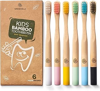 Sponsored Ad - GREENZLA Kids Bamboo Toothbrushes, Natural Toothbrush Set, Soft Bristles, Durable Charcoal Wooden Brushes, Compostable Design for Toddlers and Children, 6 Pack