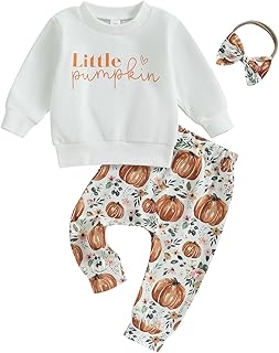 Baby Girl Winter Clothes Pumpkin Crewneck Sweatshirts Flower Sweatpants Headband Toddler Fall Halloween Outfits