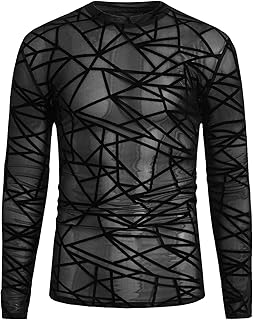 Men's Striped Mesh Sheer See Through Long Sleeve Round Neck Party Top