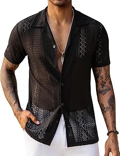 Mens Floral Lace Shirt Short Sleeve Hollow Out Sheer See Through Casual Button Down Shirts