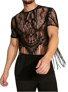 Men's Sheer Floral Lace Fringe Short Sleeve Crewneck Cropped Tee Party Shirt Top