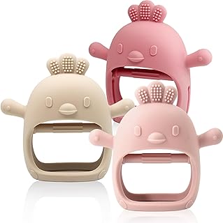 Sponsored Ad - 3 Packs Baby Teething Toy Silicone Teething Mitten for Babies Over 3 Months Anti Dropping Wrist Hand Teethers Baby Chew Toys for Sucking Needs, BPA Free (Pink, Caramel & Coral Red)