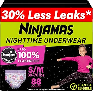 Girls Bedwetting Nighttime Underwear, Size S/M (38-70 lbs), 88 Count, Overnight Protection, Ultra Absorbent, Hypoallergenic