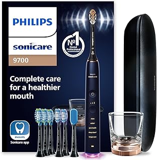 DiamondClean Smart 9700 Electric Toothbrush, Sonic Toothbrush with App, Pressure Sensor, Brush Head Detection, 5 Brushing Modes and 3 Intensity Levels, Lunar Blue, Model HX9957/71