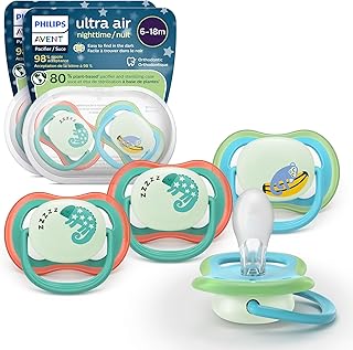 Philips Avent Ultra Air Nighttime Pacifiers - Orthodontic Design, for Babies 6-18 Months, Glow in The Dark, Soft Silicone Symmetrical Nipple, BPA-Free, with 2 Sterilizing Cases, 4 Pack, SCF376/36