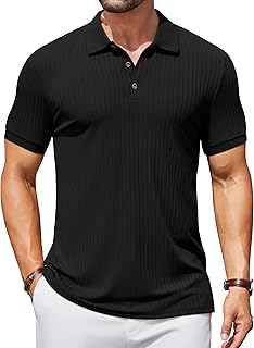 Men's Textured Polo Shirts Short Sleeve Slim Fit Casual Button Polo T-Shirt Summer Collared Golf Shirt