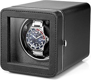 Vlando Automatic Single Watch Winder with Super Quiet Japanese Motor, 4 Rotation Mode Setting, Mesh Texture Leather, LED Light & Type-C adapter - Black