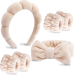 6 Pack Spa Headband, Makeup Headband, Face Wash Headbands, Skincare Headbands, Brown Sponge Hair Band Bow Tie Spa Head Band for Washing Face Wristband Set Hair Accessories for Women