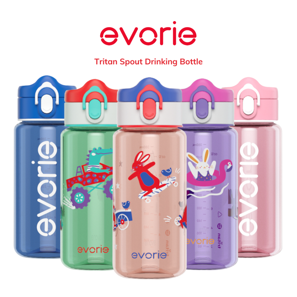 Evorie Tritan Kids Drinking Spout Water Bottle Mug flip cap with lock for 2 -8 yr old children, 380mL, BPA free