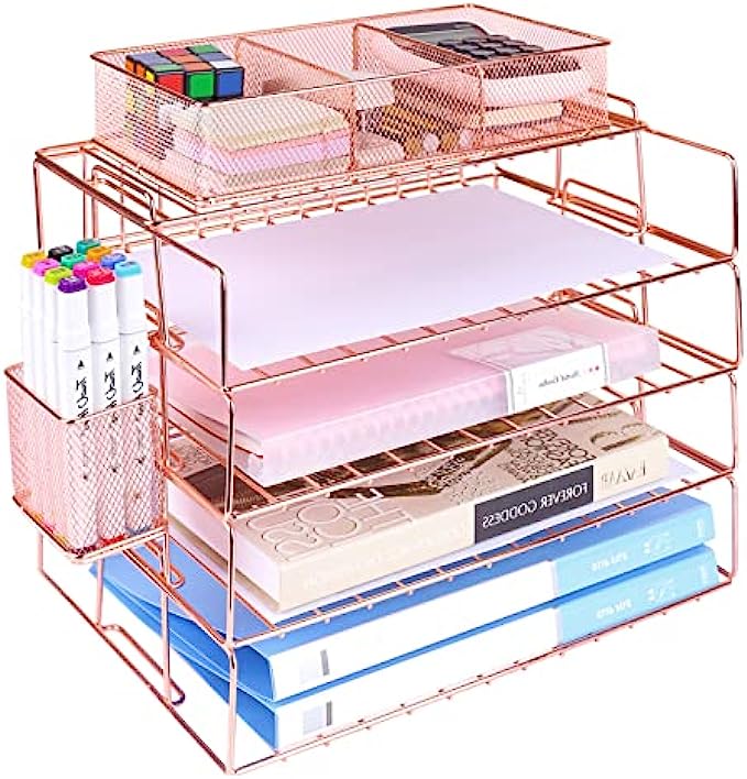 Letter Tray, 4 Tier Desk Document File Organizers, Paper Organizer with Pen Holder, Cute 3 Compartment Mesh Storage Tray, Home Office Supplies - Rose Gold